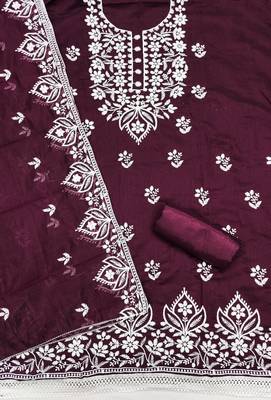  purple thread embroidery chanderi dress material 2