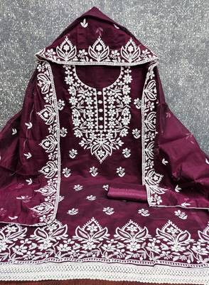  purple thread embroidery chanderi dress material 3