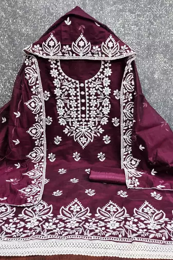  purple thread embroidery chanderi dress material