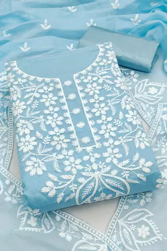 Women's blue thread embroidery chanderi dress material