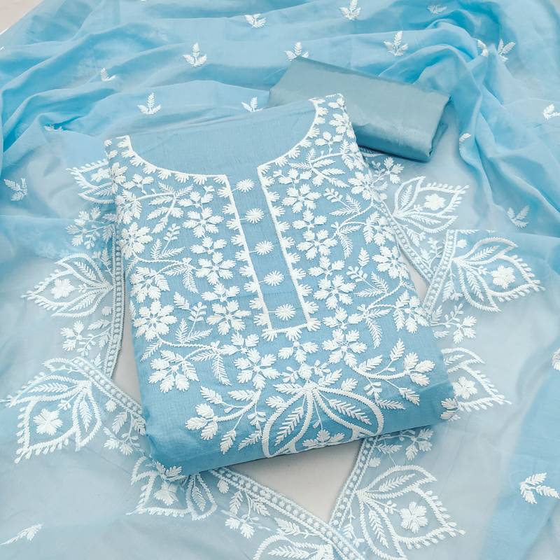 Women's blue thread embroidery chanderi dress material