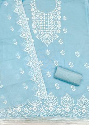  blue thread embroidery chanderi dress material 2