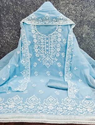 blue thread embroidery chanderi dress material 3