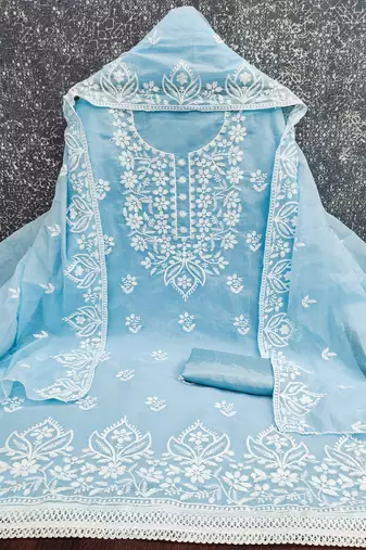  blue thread embroidery chanderi dress material
