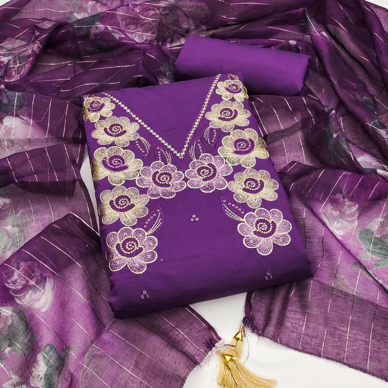 Women's levender thread embroidery silk dress material