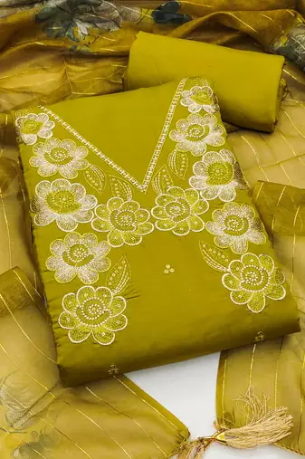 Women's mehandi thread embroidery silk dress material