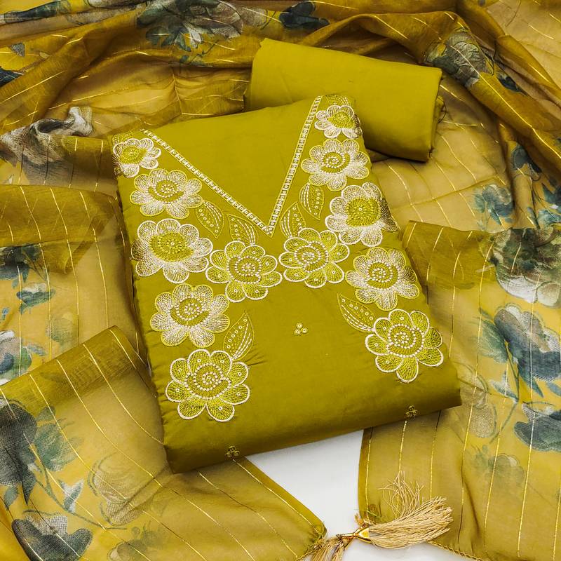 Women's mehandi thread embroidery silk dress material