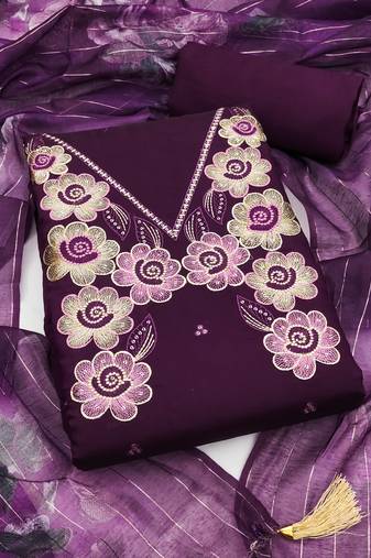 Women's purple thread embroidery silk dress material