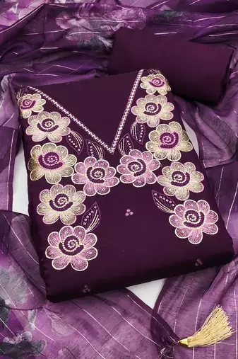 Women's purple thread embroidery silk dress material
