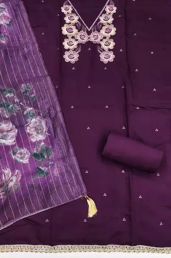  purple thread embroidery silk dress material