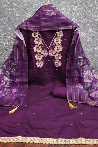  purple thread embroidery silk dress material