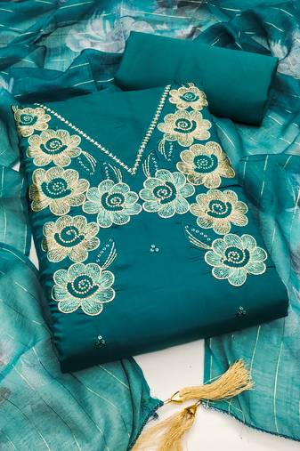 Women's sea green thread embroidery silk dress material