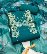 Women's sea green thread embroidery silk dress material