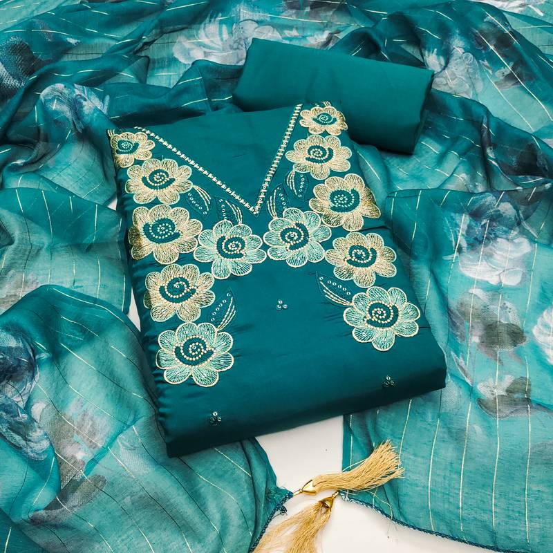 Women's sea green thread embroidery silk dress material
