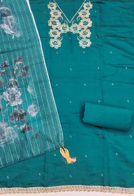  sea green thread embroidery silk dress material 2