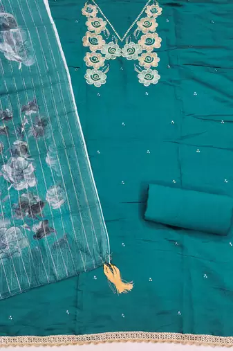  sea green thread embroidery silk dress material