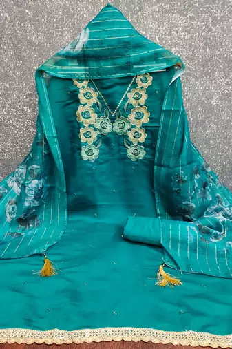  sea green thread embroidery silk dress material