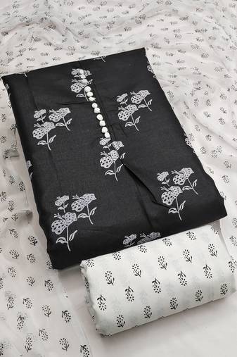 Women's black printed cotton slub dress material
