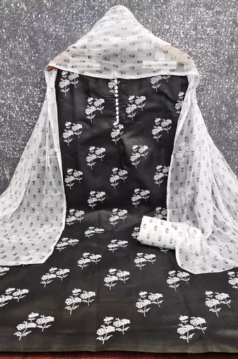  black printed cotton slub dress material