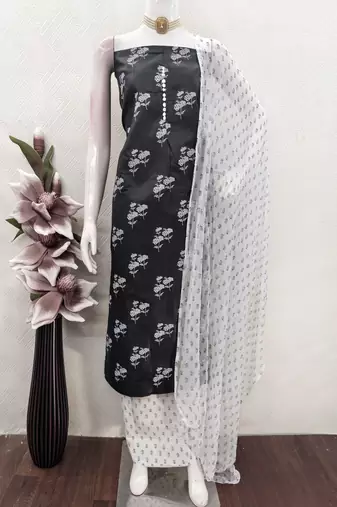  black printed cotton slub dress material