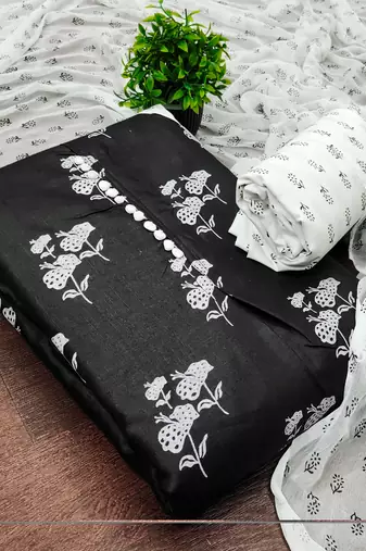  black printed cotton slub dress material