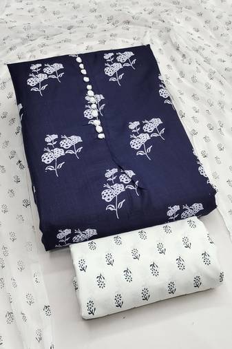 Women's blue designer print cotton slub dress material