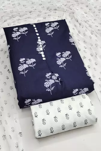 Women's blue designer print cotton slub dress material