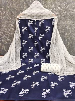  blue designer print cotton slub dress material 2