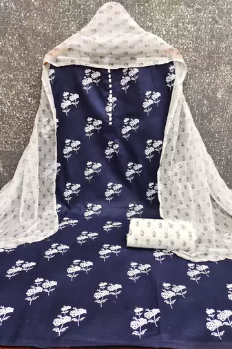  blue designer print cotton slub dress material