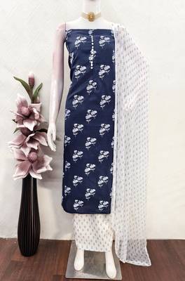  blue designer print cotton slub dress material 3