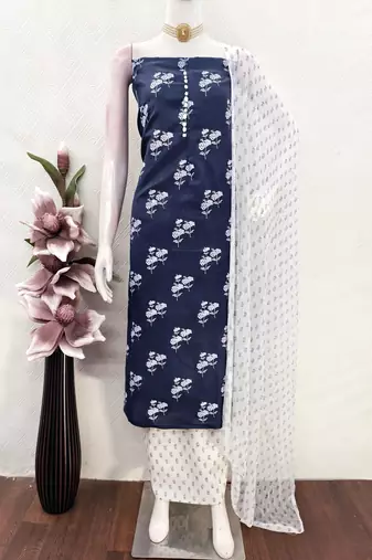  blue designer print cotton slub dress material