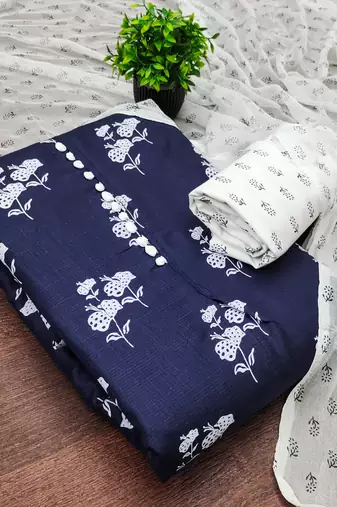  blue designer print cotton slub dress material