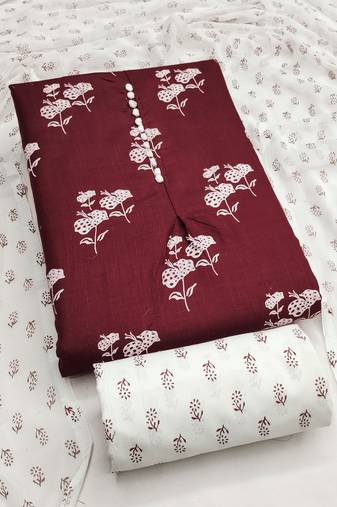 Women's maroon designer print cotton dress material