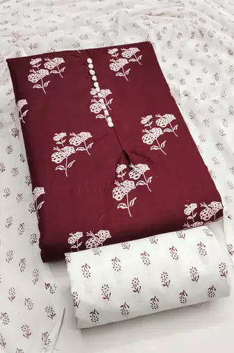 Women's maroon designer print cotton dress material