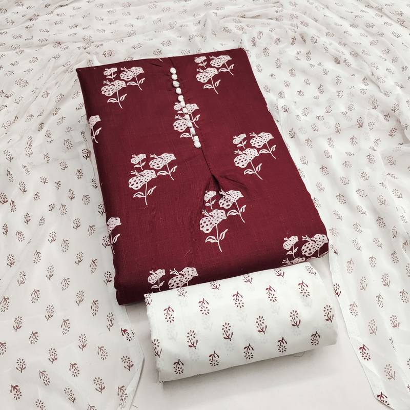 Women's maroon designer print cotton dress material