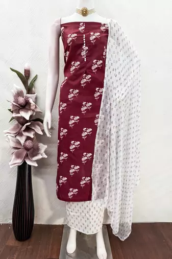  maroon designer print cotton dress material