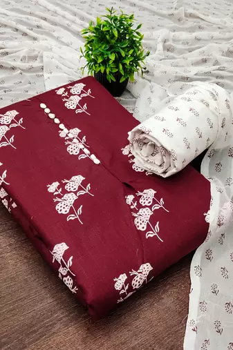  maroon designer print cotton dress material