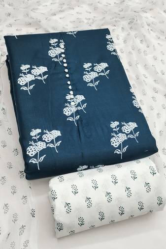 Women's teal designer print cotton slub dress material