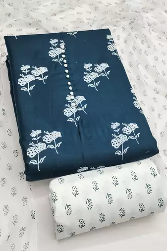 Women's teal designer print cotton slub dress material