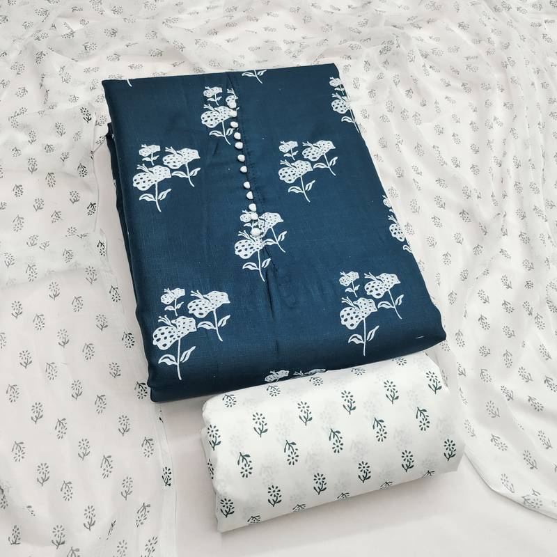 Women's teal designer print cotton slub dress material
