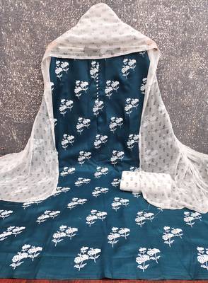  teal designer print cotton slub dress material 2