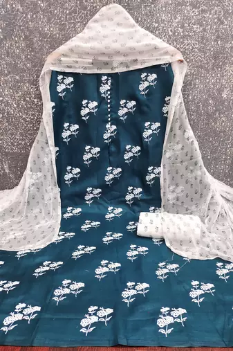  teal designer print cotton slub dress material