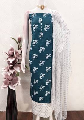  teal designer print cotton slub dress material 3
