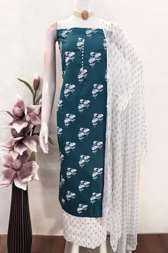  teal designer print cotton slub dress material