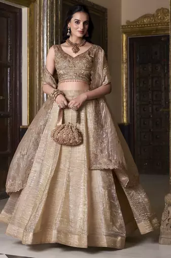 GOLDEN EMBROIDERED ORGANZA LEHENGA CHOLI WITH DUPATTA