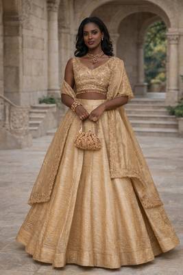 GOLDEN EMBROIDERED ORGANZA LEHENGA CHOLI WITH DUPATTA 1