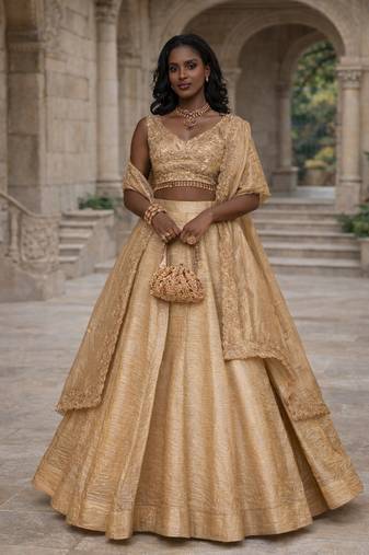 GOLDEN EMBROIDERED ORGANZA LEHENGA CHOLI WITH DUPATTA