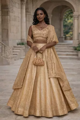 GOLDEN EMBROIDERED ORGANZA LEHENGA CHOLI WITH DUPATTA