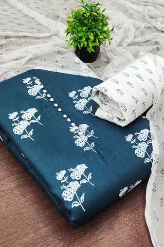  teal designer print cotton slub dress material