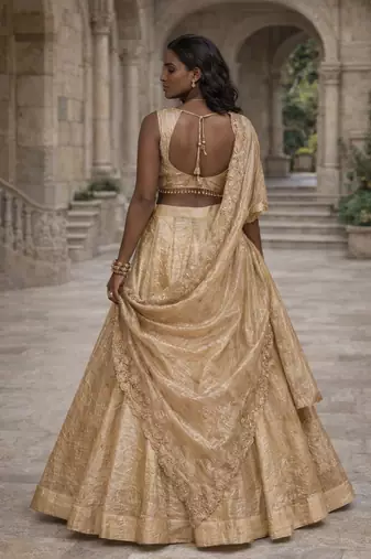 GOLDEN EMBROIDERED ORGANZA LEHENGA CHOLI WITH DUPATTA